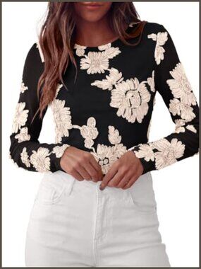 Women's Mesh Long Sleeve 3D Floral Embroidered Blouse Crew Neck